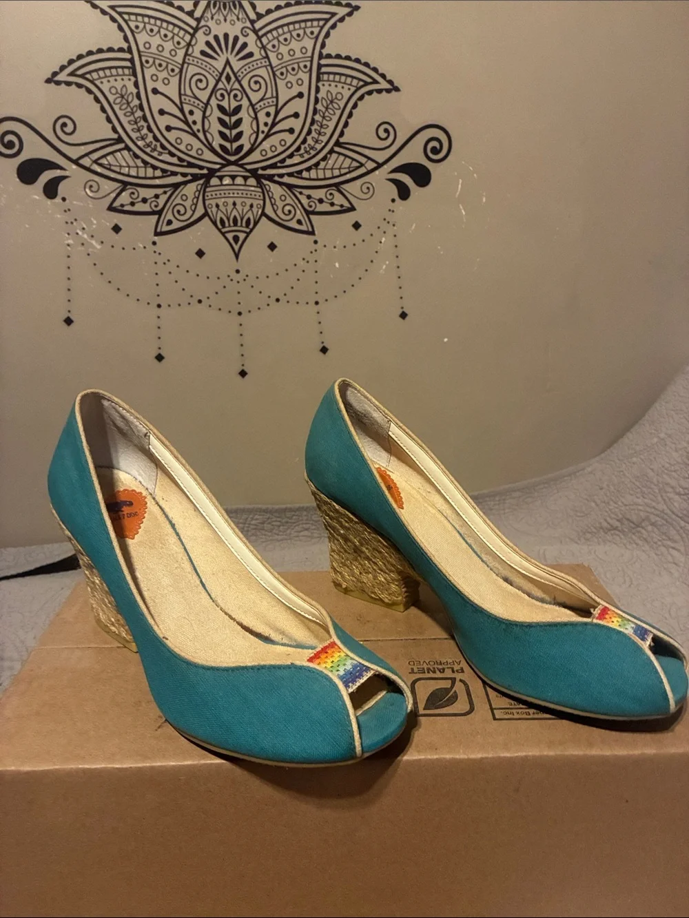 Rocket Dog Teal Canvas Peep-Toe Heels with Rainbow Accent - Picture 3 of 5